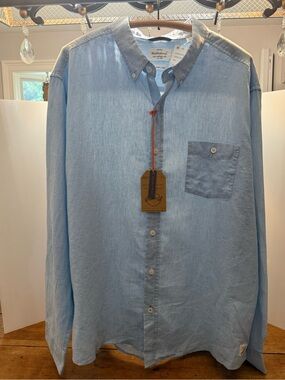 Weatherproof Vintage Cerulean, Light Blue Men's Linen Button-Down Pocket Shirt